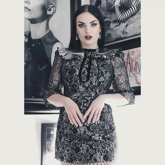 NWOT H&M X The Vampire’s Wife Mystique Black Lace Metallic Mini Dress Size: L… - Picture 4 of 16